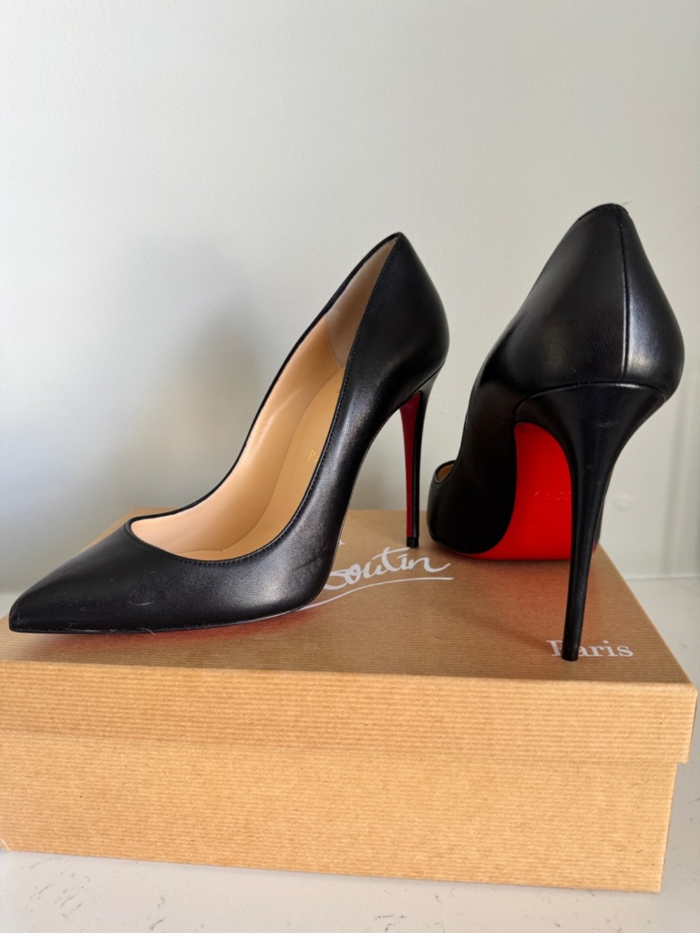 Christian Louboutin Black Leather Pointed-Toe Stiletto Pumps with Red Sole